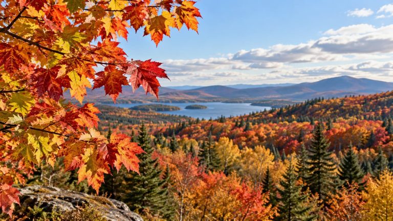 Vibrant orange and red fall leaves in the foreground overlooking a scenic landscape of autumn trees and a lake.