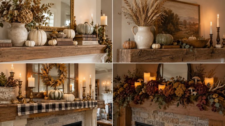 A collage of four rustic fall mantel decor ideas featuring white and orange pumpkins, dried foliage, candles, and warm ambient lighting.