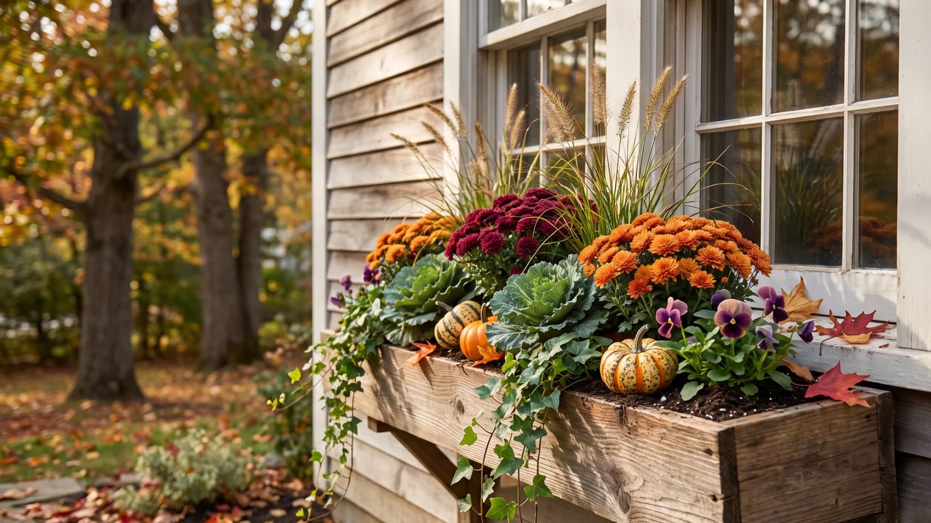 Vibrant autumn window box filled with orange mums, purple kale, pansies, ornamental grasses, and small pumpkins.