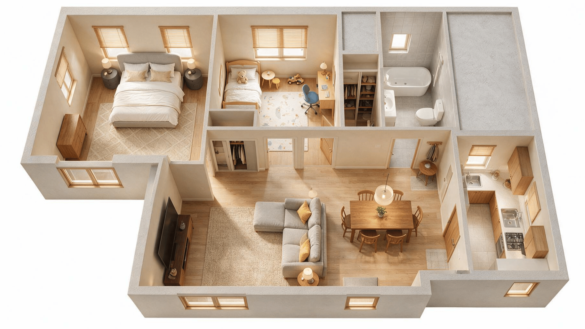 family friendly 2 bedroom apartment layout with furnished primary room child room and shared spaces