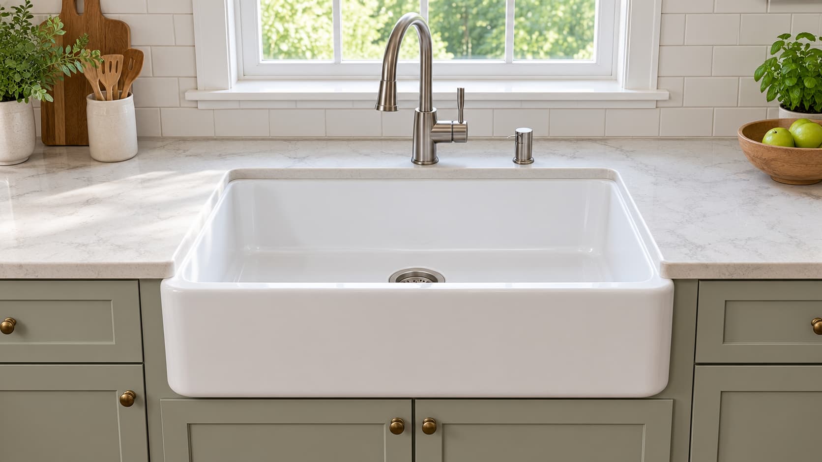 White fireclay farmhouse sink with an exposed apron front.