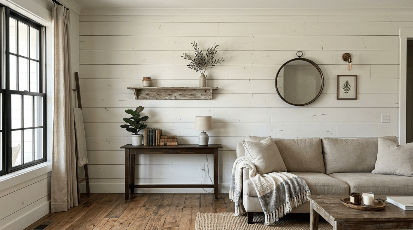 farmhouse shiplap wallpaper with clean horizontal white boards creating a simple country-style accent wall