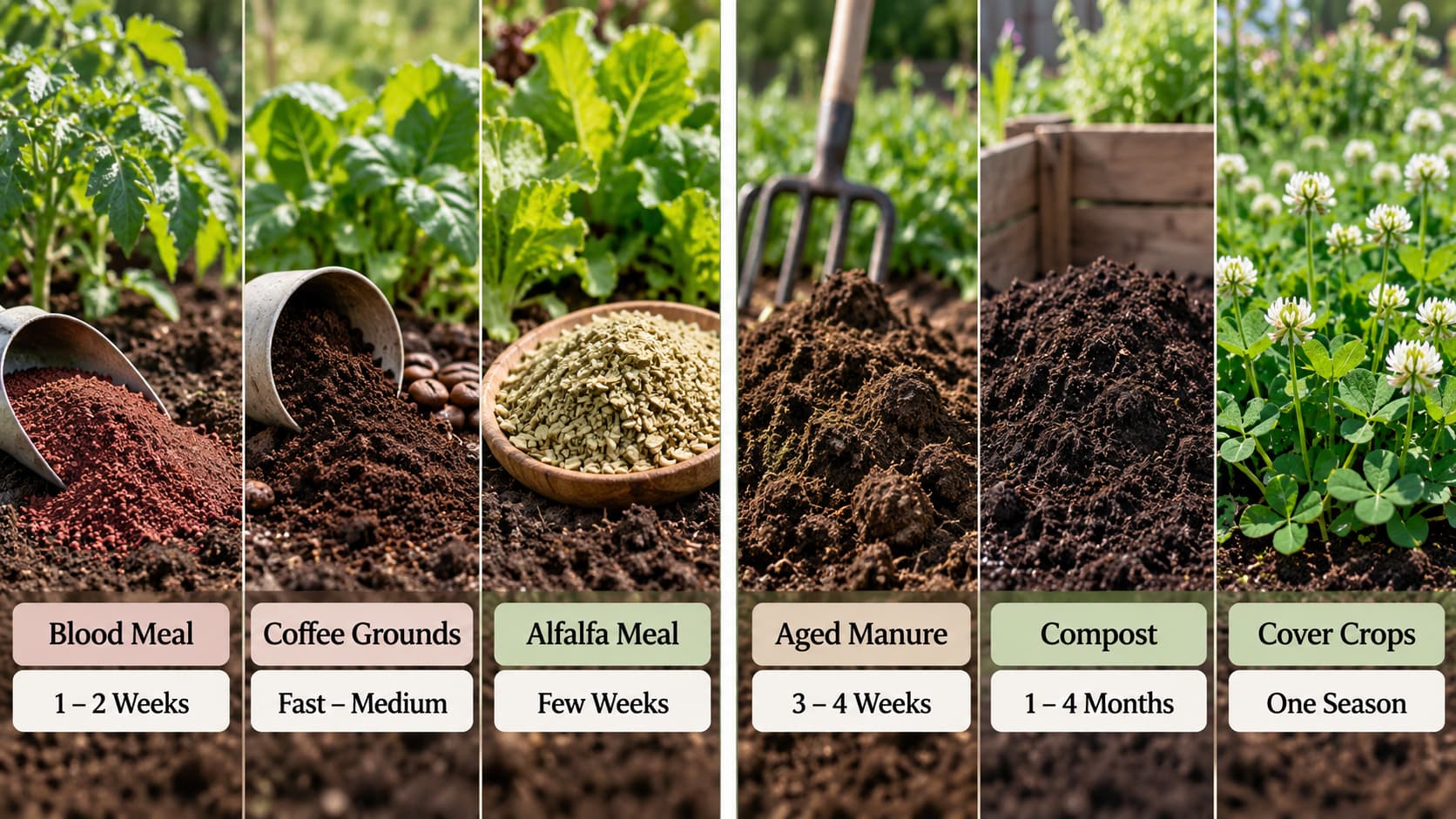 Six-panel graphic comparing fast vs. slow nitrogen sources and breakdown times
