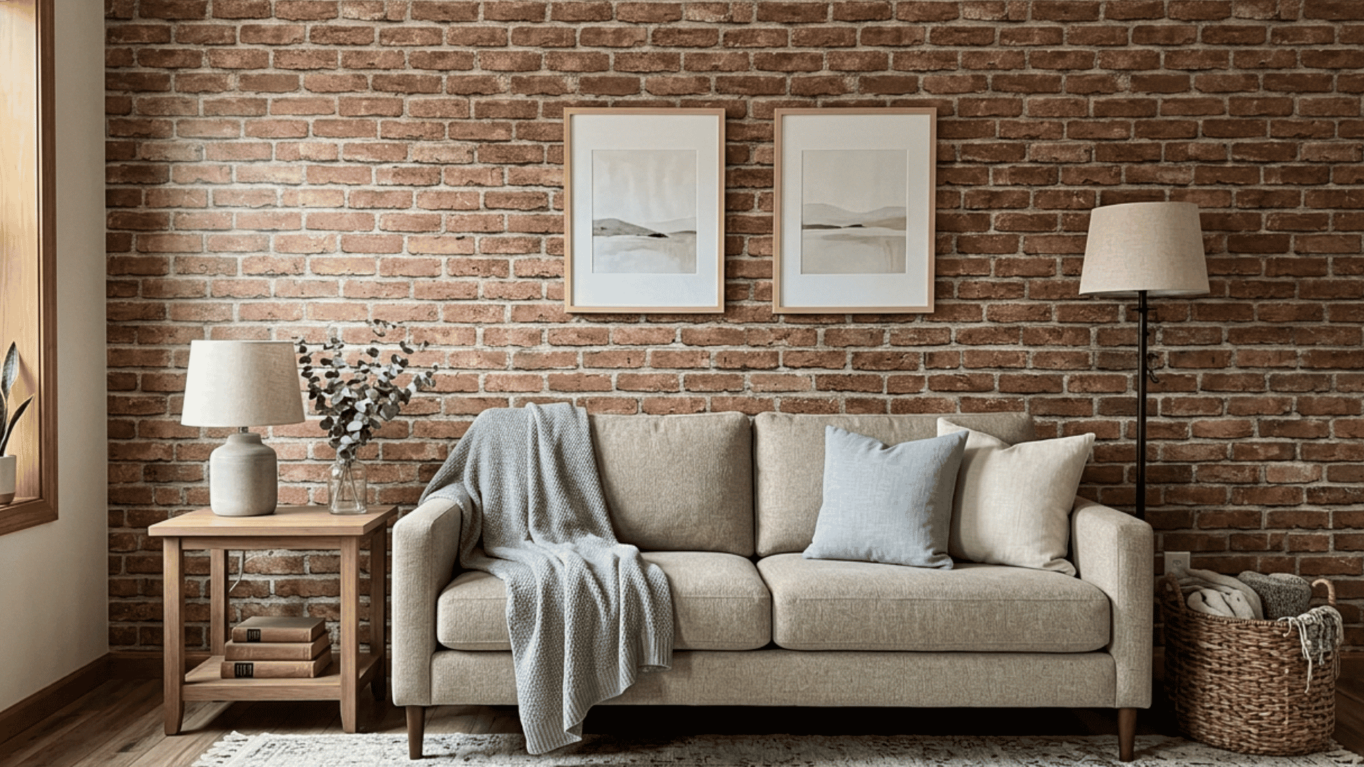 faux brick wallpaper with realistic exposed red brick patterns creating an industrial-style living room wall