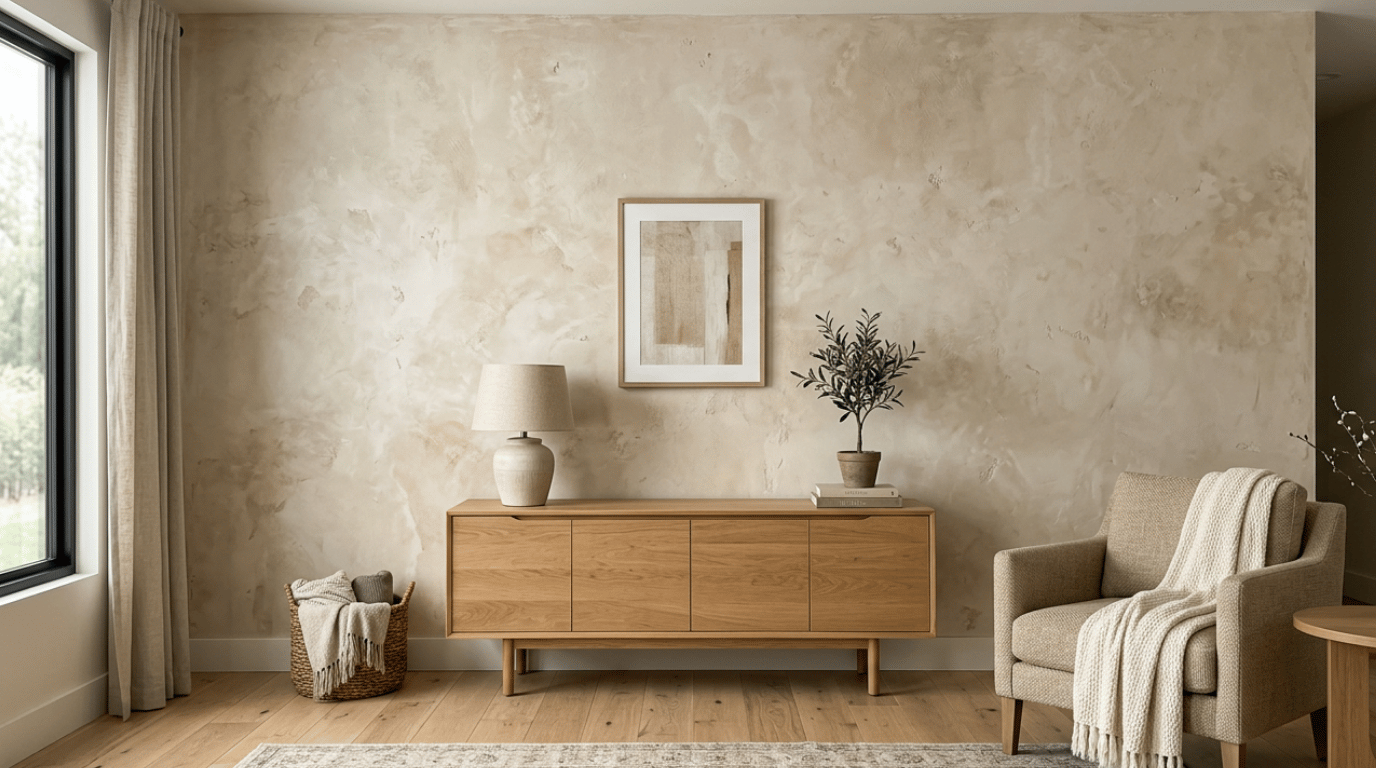 faux plaster wallpaper with soft mottled color and irregular surface effects creating the look of hand-finished walls