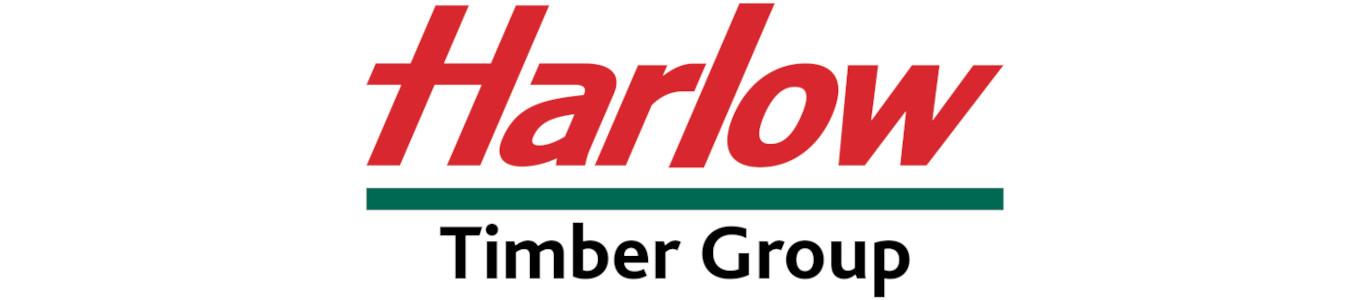 Red and black text logo for Harlow Timber Group on white background