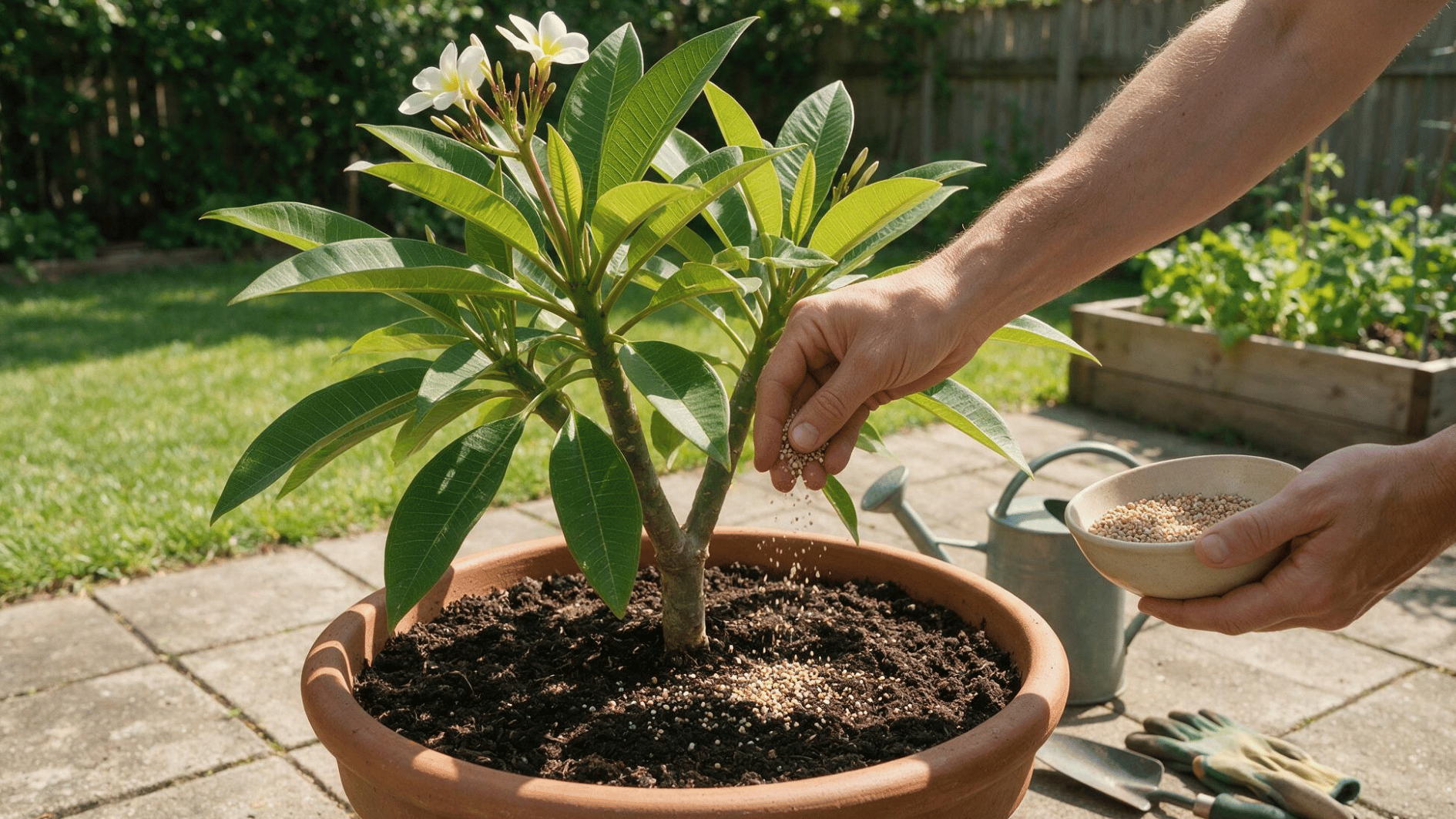 gardener sprinkling granular fertilizer over the soil of a healthy potted plumeria during active growth
