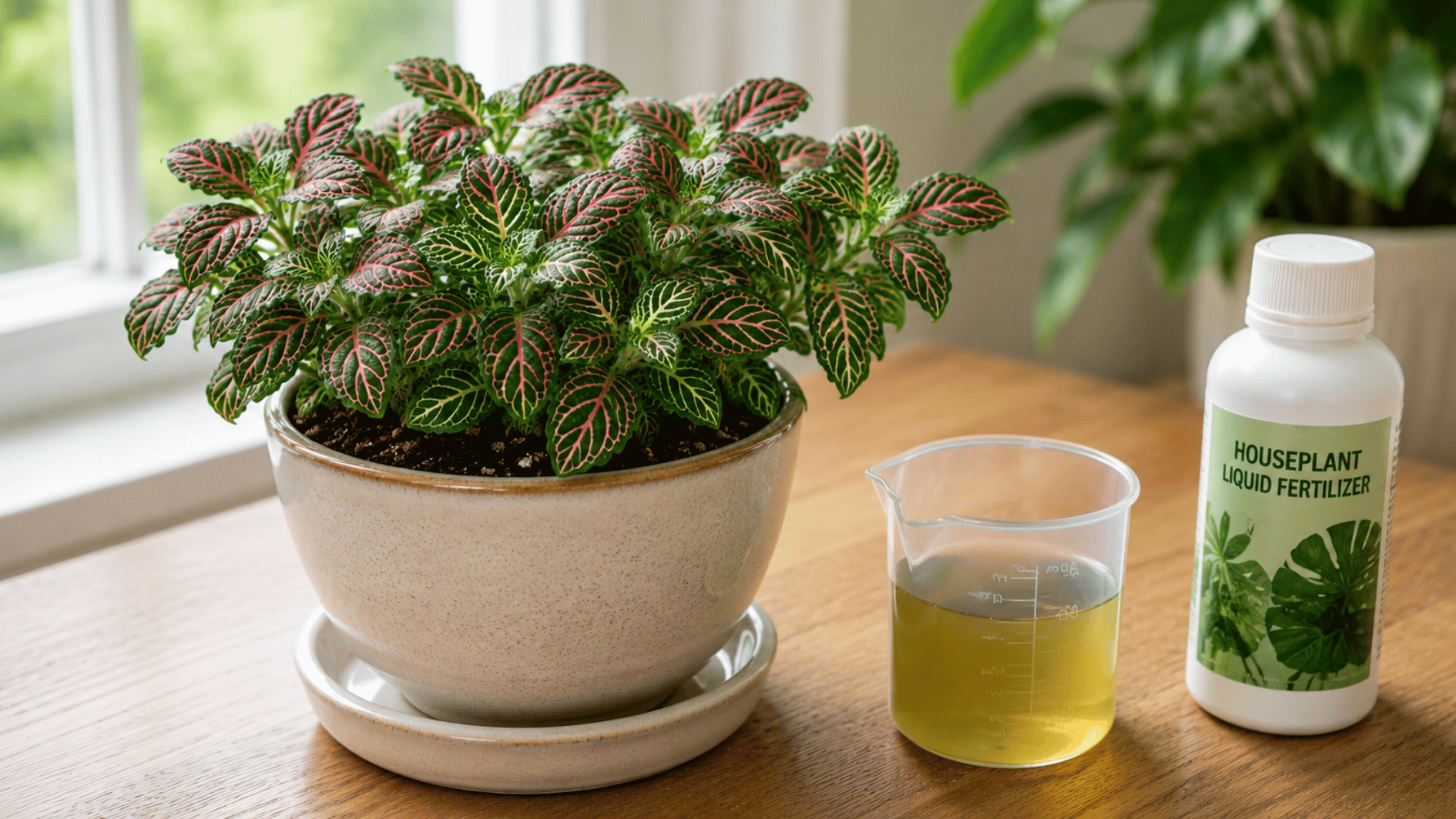 healthy nerve plant beside diluted liquid fertilizer and a measuring cup on a bright indoor wooden table