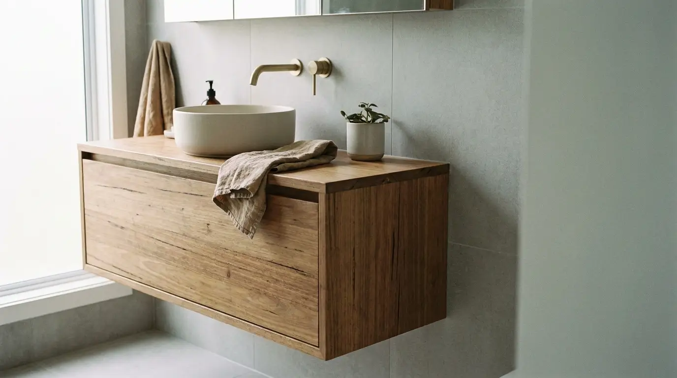 Modern bathroom with wooden floating vanity and brass faucet, featuring ceramic basin and small plant