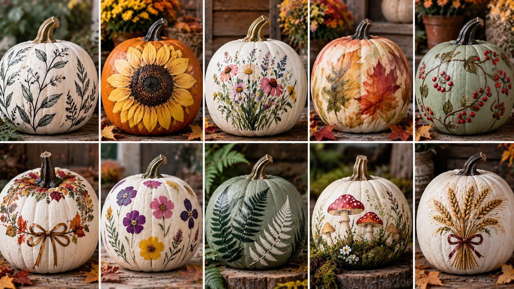 A ten-panel collage of nature-inspired painted pumpkins decorated with botanical line art, sunflowers, wildflowers, leaves, and mushrooms.