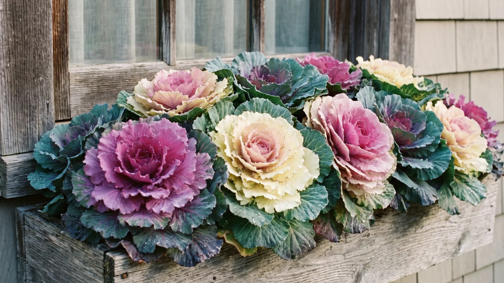 Purple and cream flowering kale and cabbage filling an autumn window box.