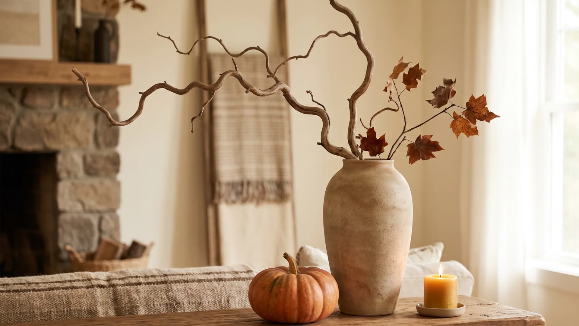 Tall foraged tree branches with subtle autumn color arranged in a tall white ceramic vase.