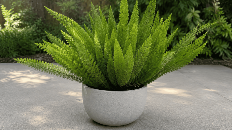 foxtail fern with feathery green stems growing in a white pot on a stone patio