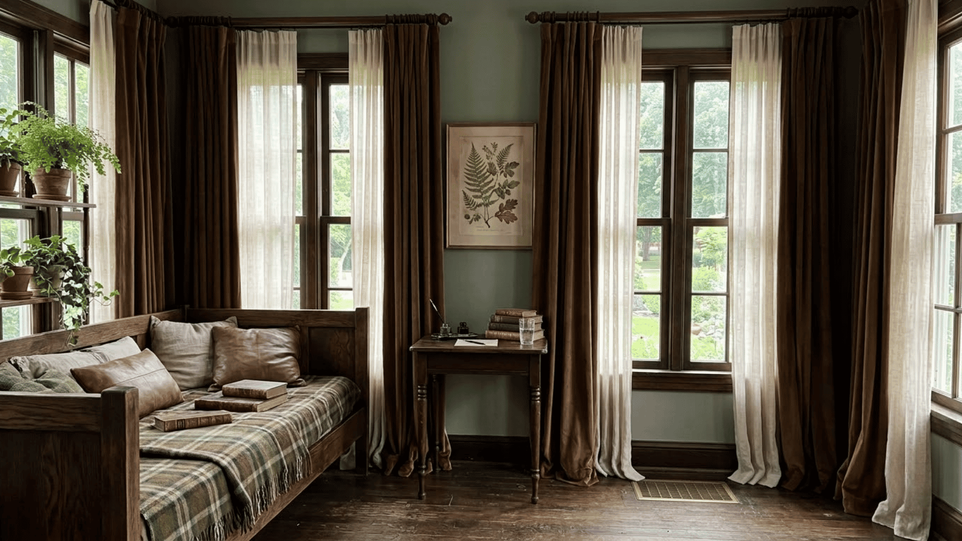 dark academia sunroom with cream inner curtains brown velvet panels and dark wood furniture