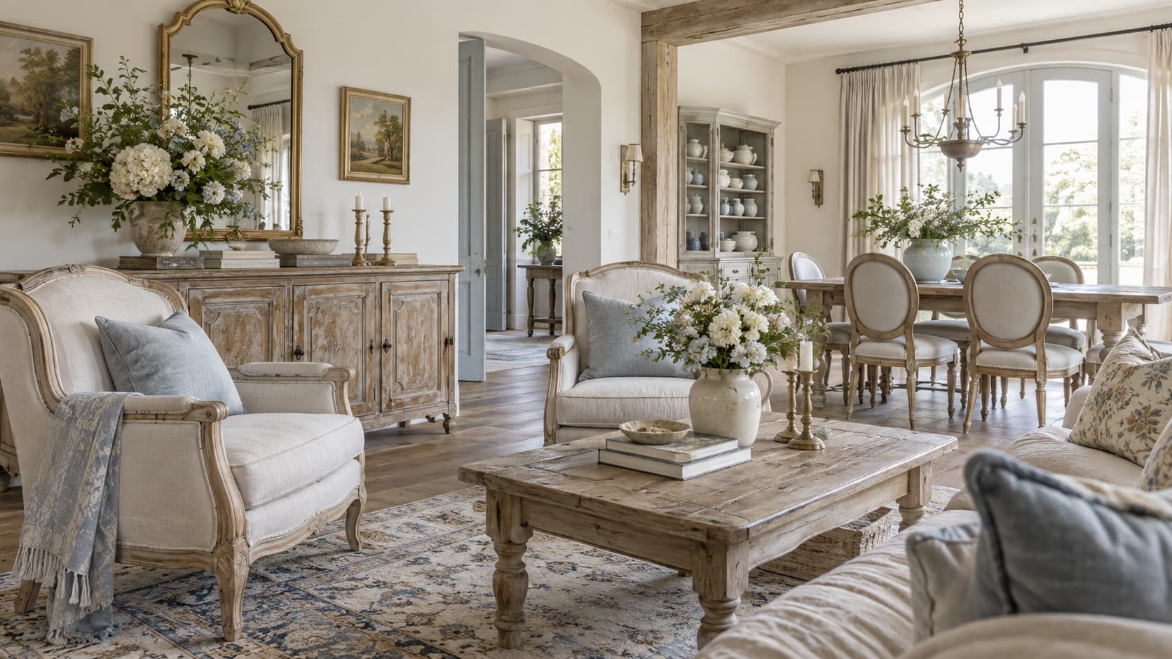 French farmhouse interior with washed wood sideboard, curved chairs, and soft neutral tones
