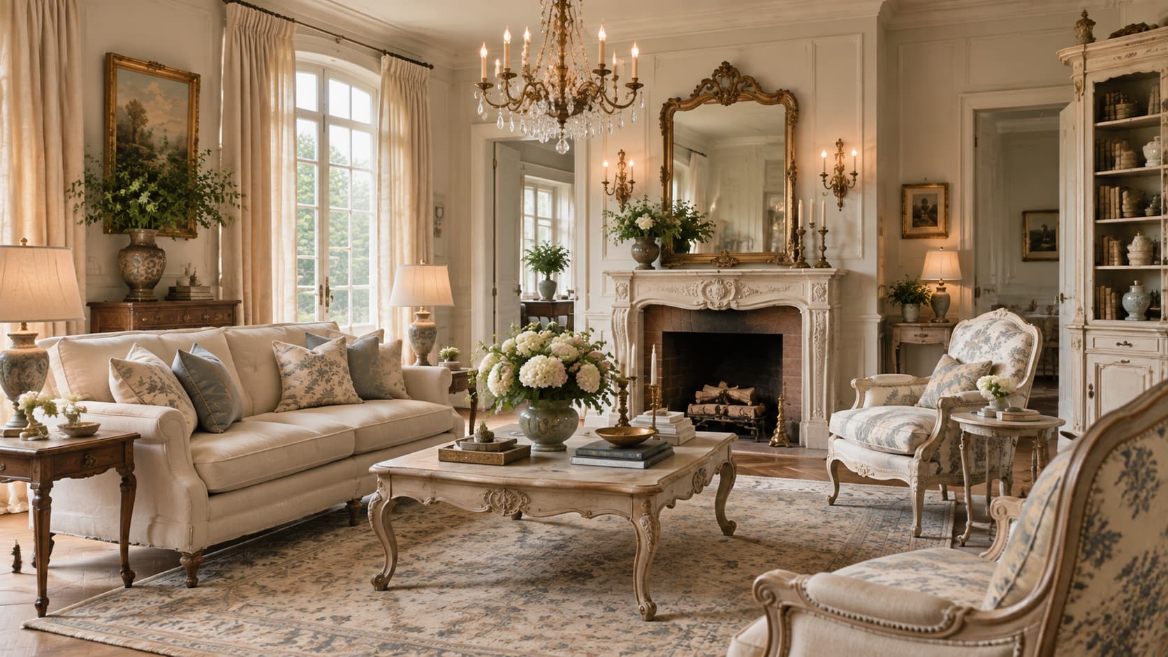 Elegant French traditional living room featuring cream-painted furniture with curved legs, a gilt ornate mirror over a fireplace, and soft neutral upholstery.
