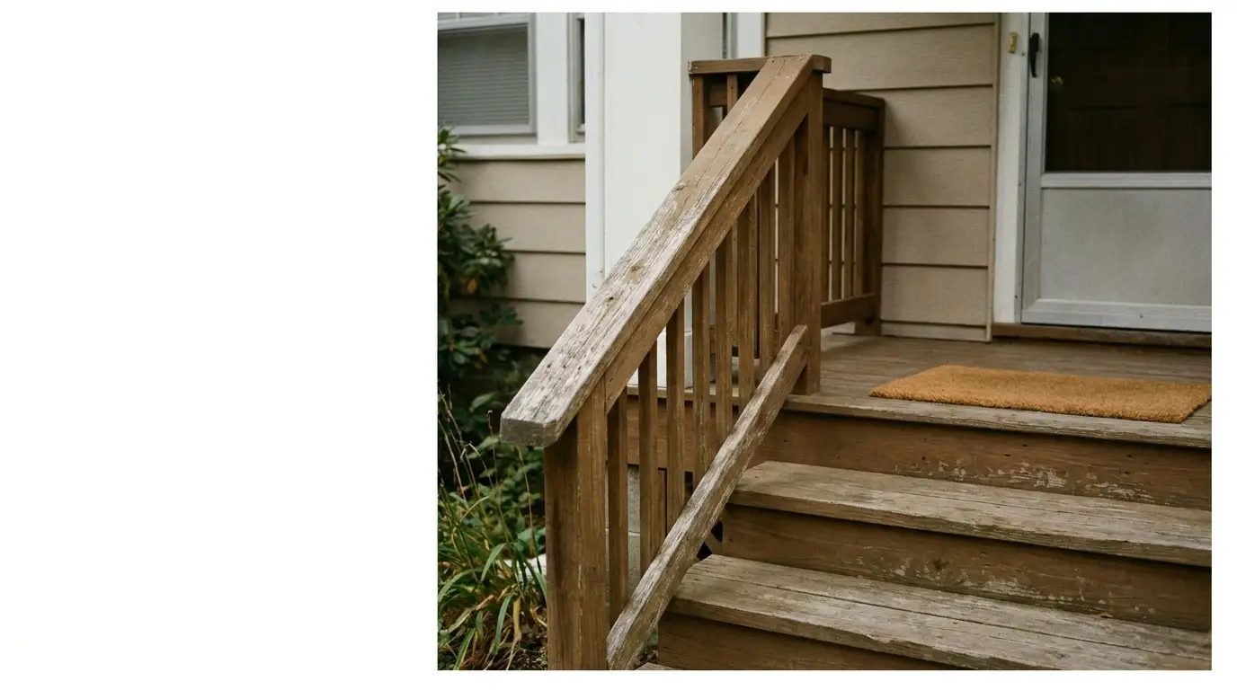 Wooden front porch stairs with railing and a doormat leading to a closed door