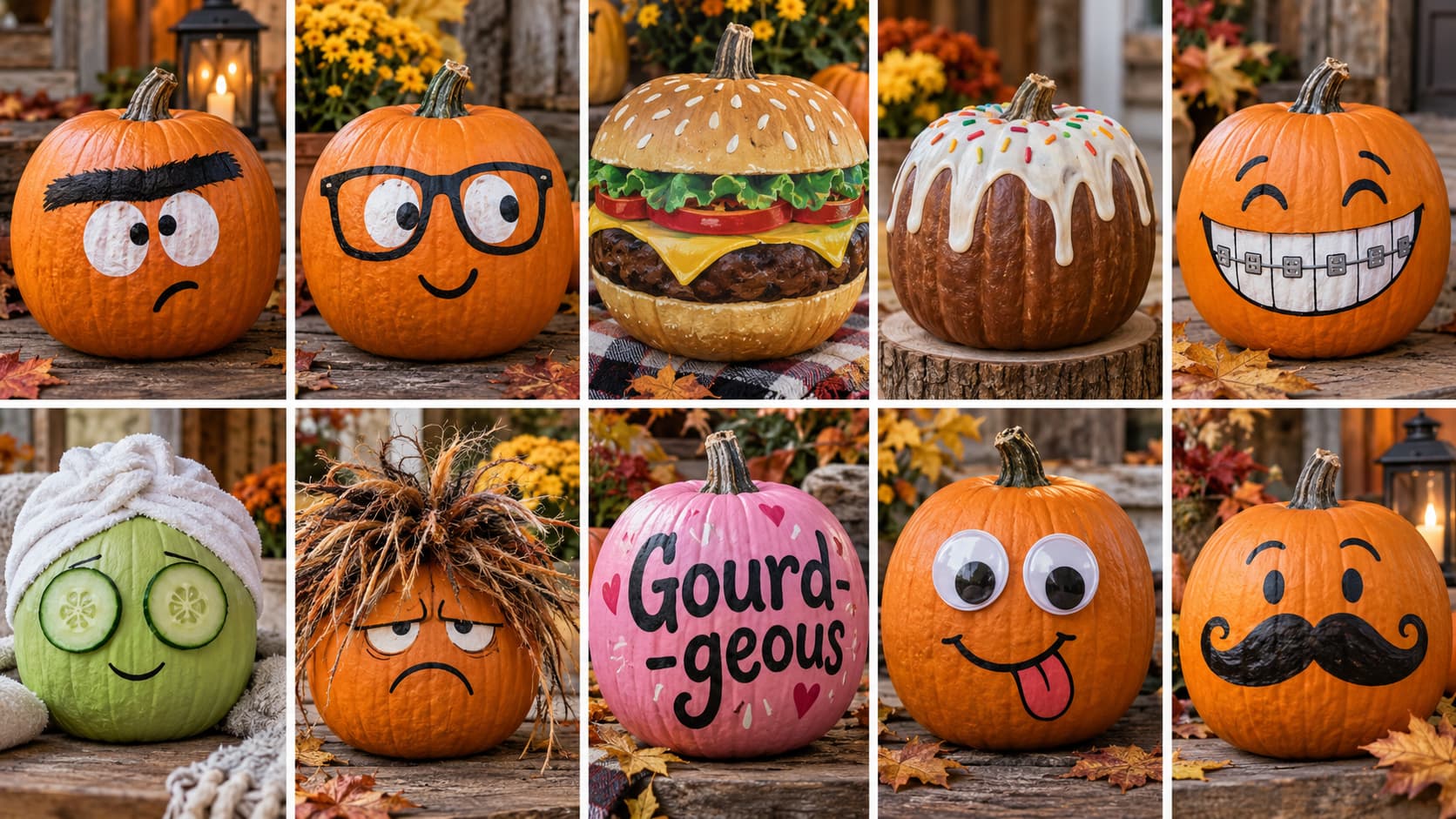 A ten-panel collage of funny painted pumpkins including a unibrow face, a hamburger, a bundt cake, braces, and googly eyes.