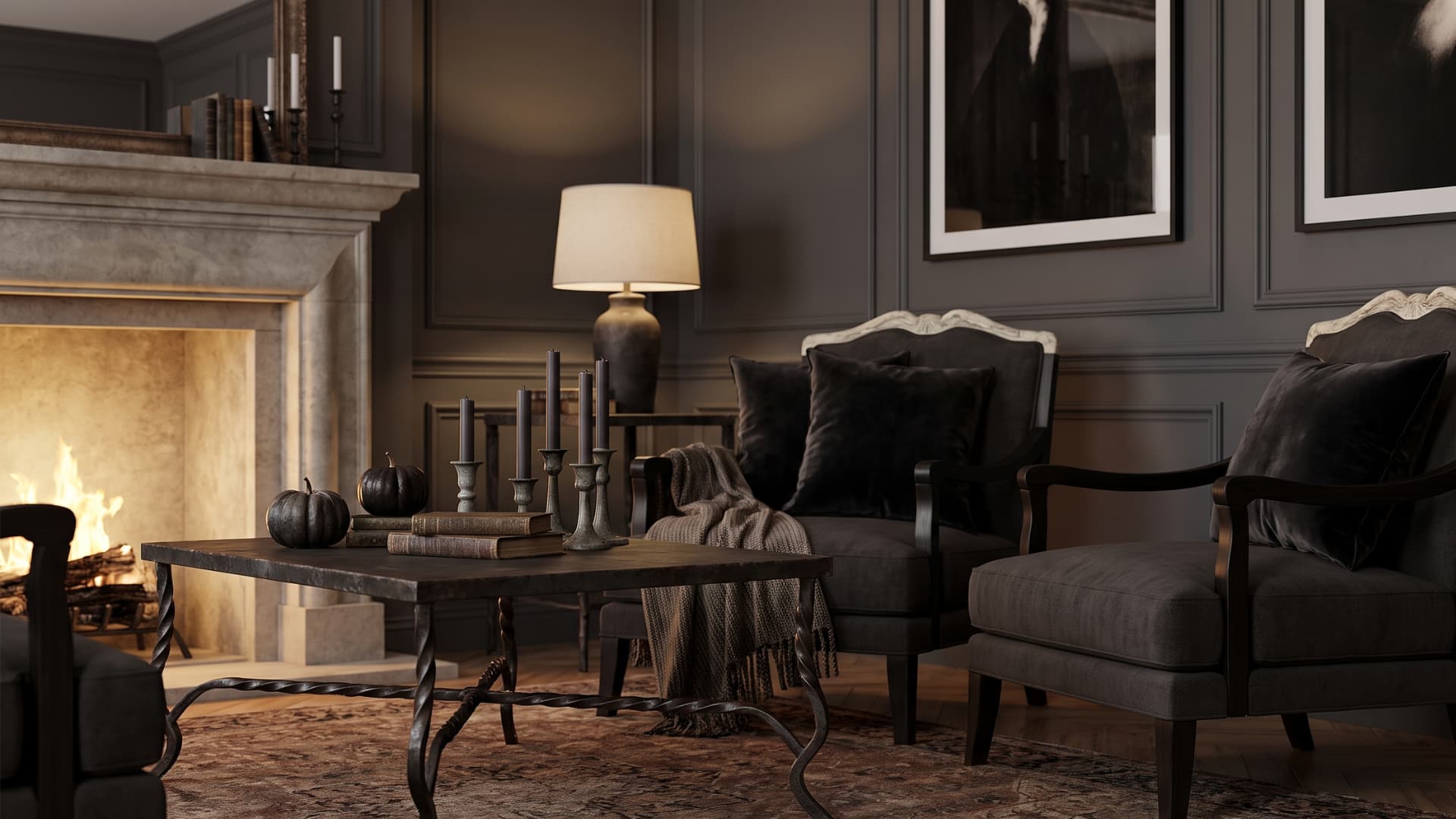 Living room setup featuring a coffee table with twisted metal legs and dark arched armchairs.
