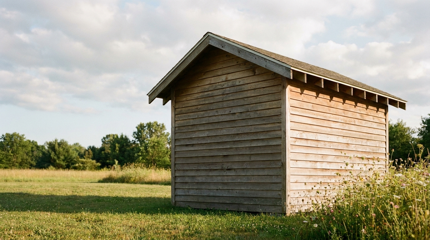 Wooden shed in a grassy field under a partly cloudy sky
