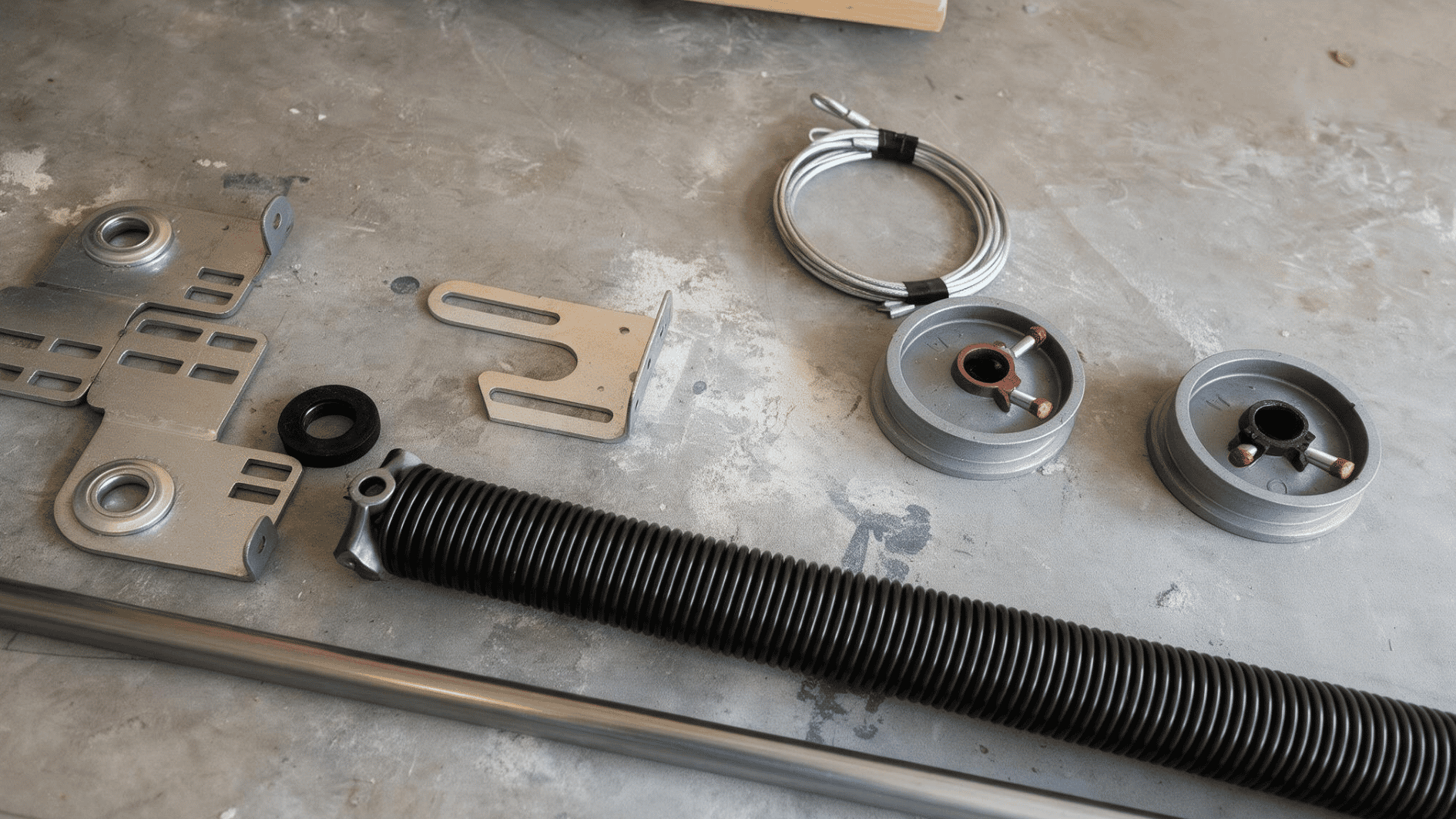garage door spring replacement parts with cable drums, brackets, cables and torsion spring laid out on floor