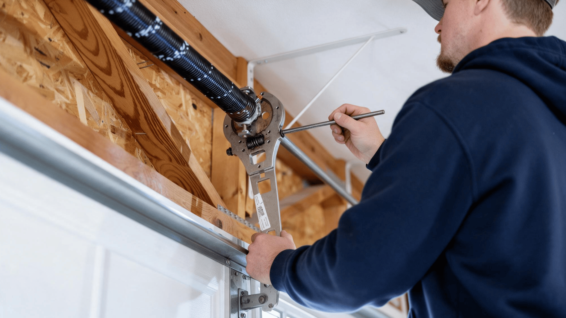 technician adjusting a garage door torsion spring with a winding bar during spring tension service