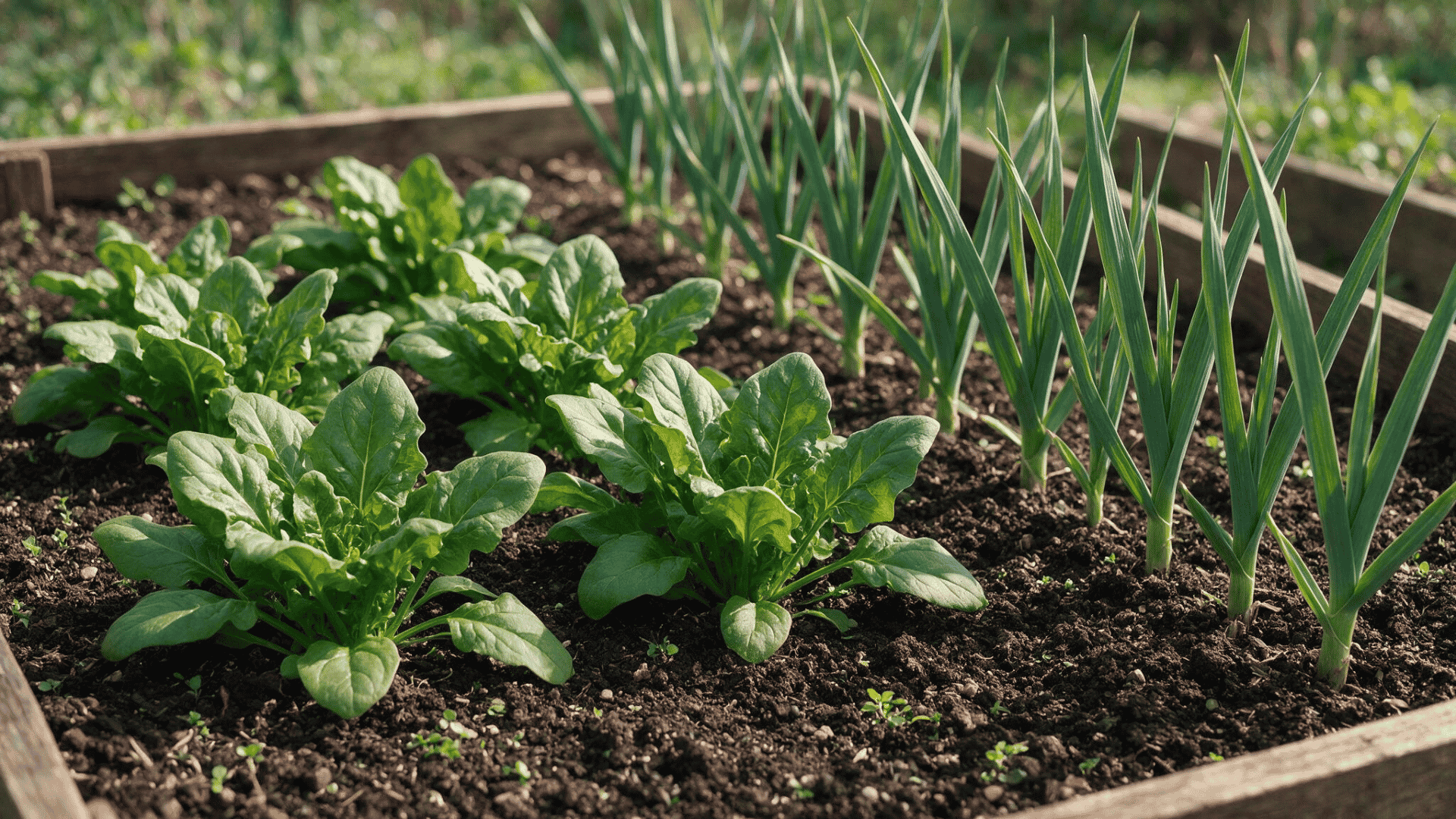 spinach growing next to rows of garlic in a raised garden bed