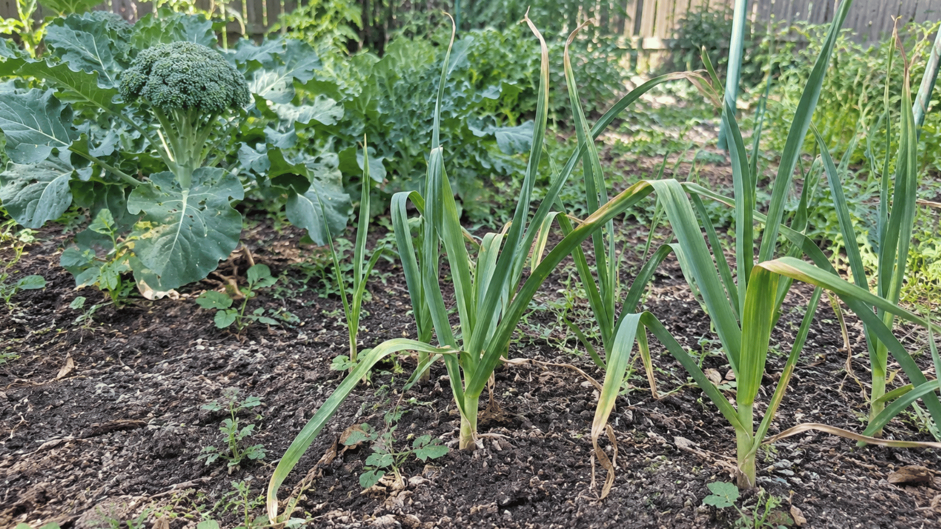 garlic plants growing near mature broccoli in a backyard vegetable garden