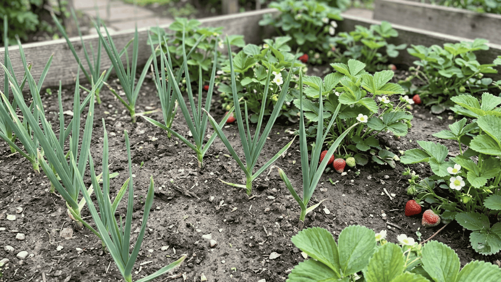 upright garlic leaves growing near strawberry plants with berries in a naturally spaced backyard garden bed