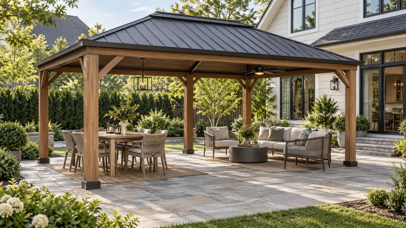 Wooden pergola with dining and seating area on stone patio in lush backyard garden