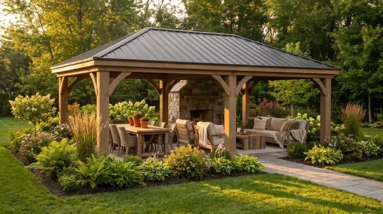 Wooden gazebo with dining set and sofas surrounded by lush garden in sunny backyard