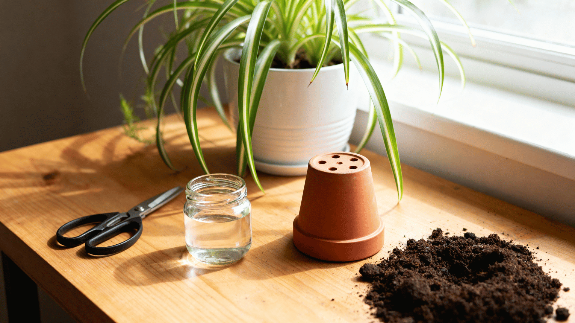 clean scissors jar potting mix and a small pot arranged on a wooden table beside a spider plant by a bright window