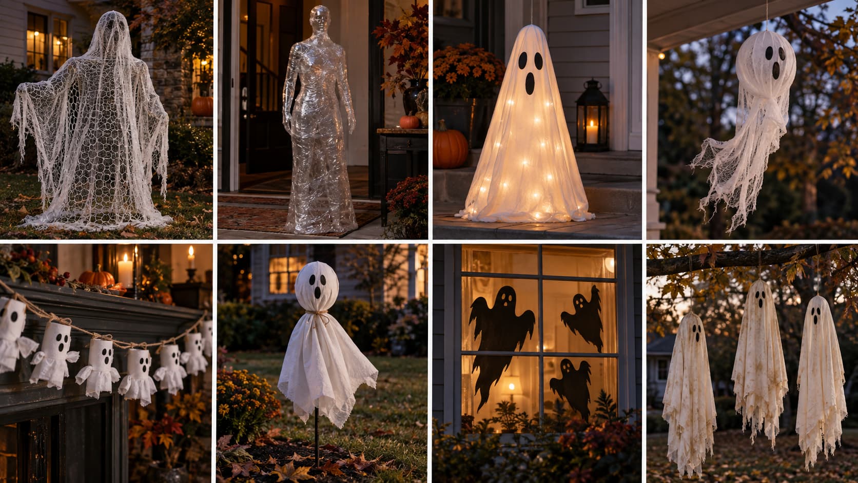 Eight-panel collage of various DIY Halloween ghost props and decorations.