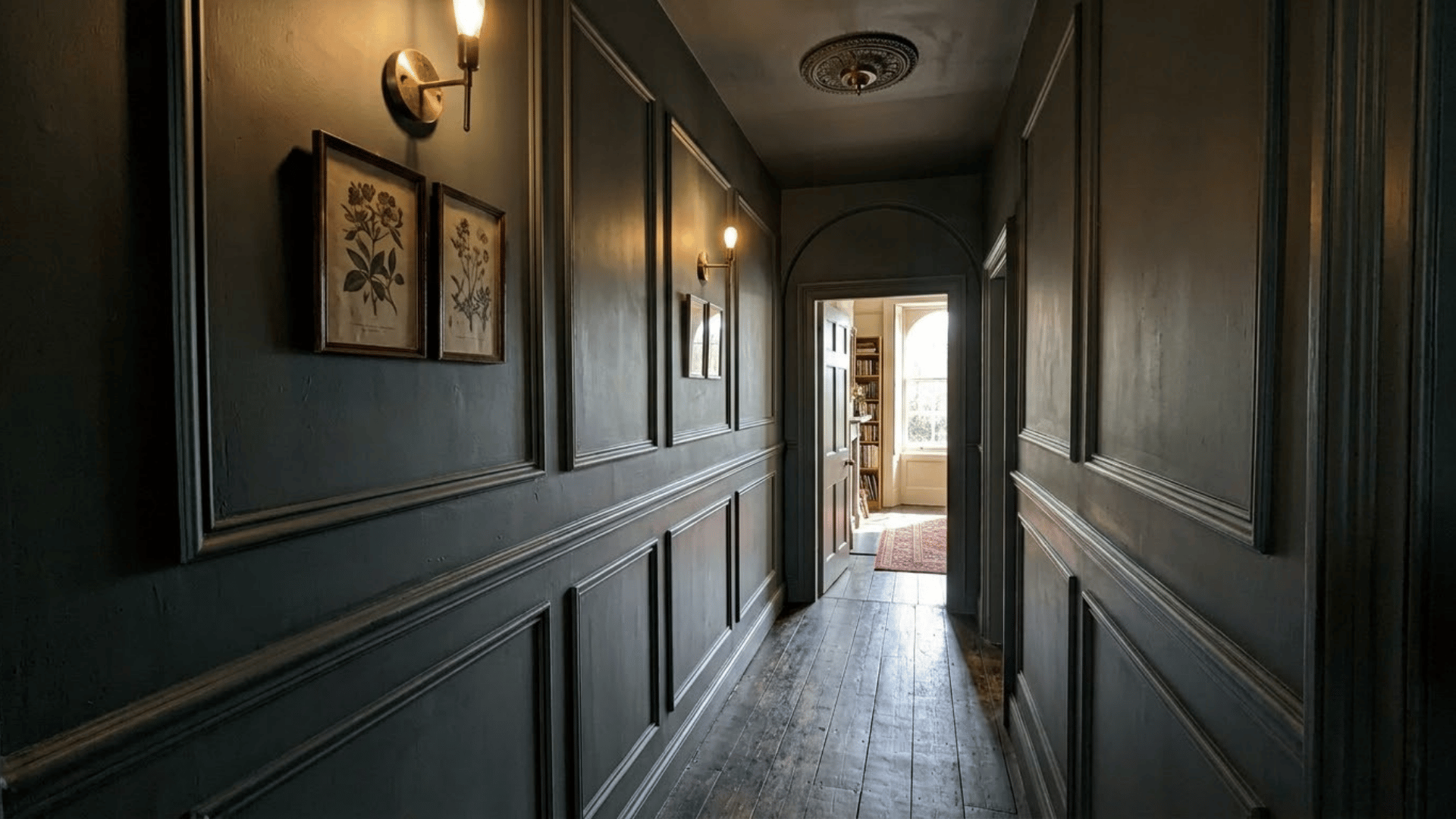 dark academia hallway with charcoal green wall molding brass sconces and wooden flooring
