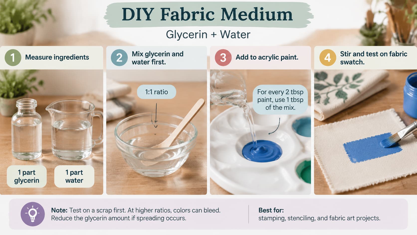 Step-by-step visual guide on mixing glycerin and water to create a DIY fabric medium for acrylic paint.