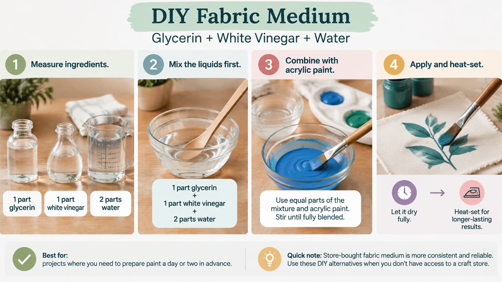 Step-by-step visual guide on making a DIY fabric medium using glycerin, white vinegar, and water for acrylic paint.