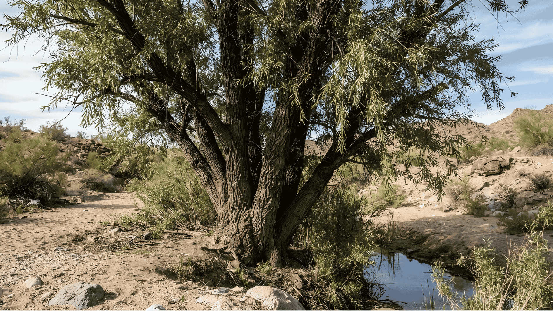 large multi-trunked willow tree with rough furrowed bark growing along a desert wash