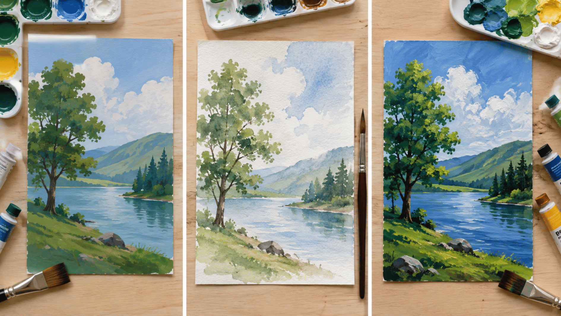 collage comparing gouache, watercolor, and acrylic landscape paintings side by side