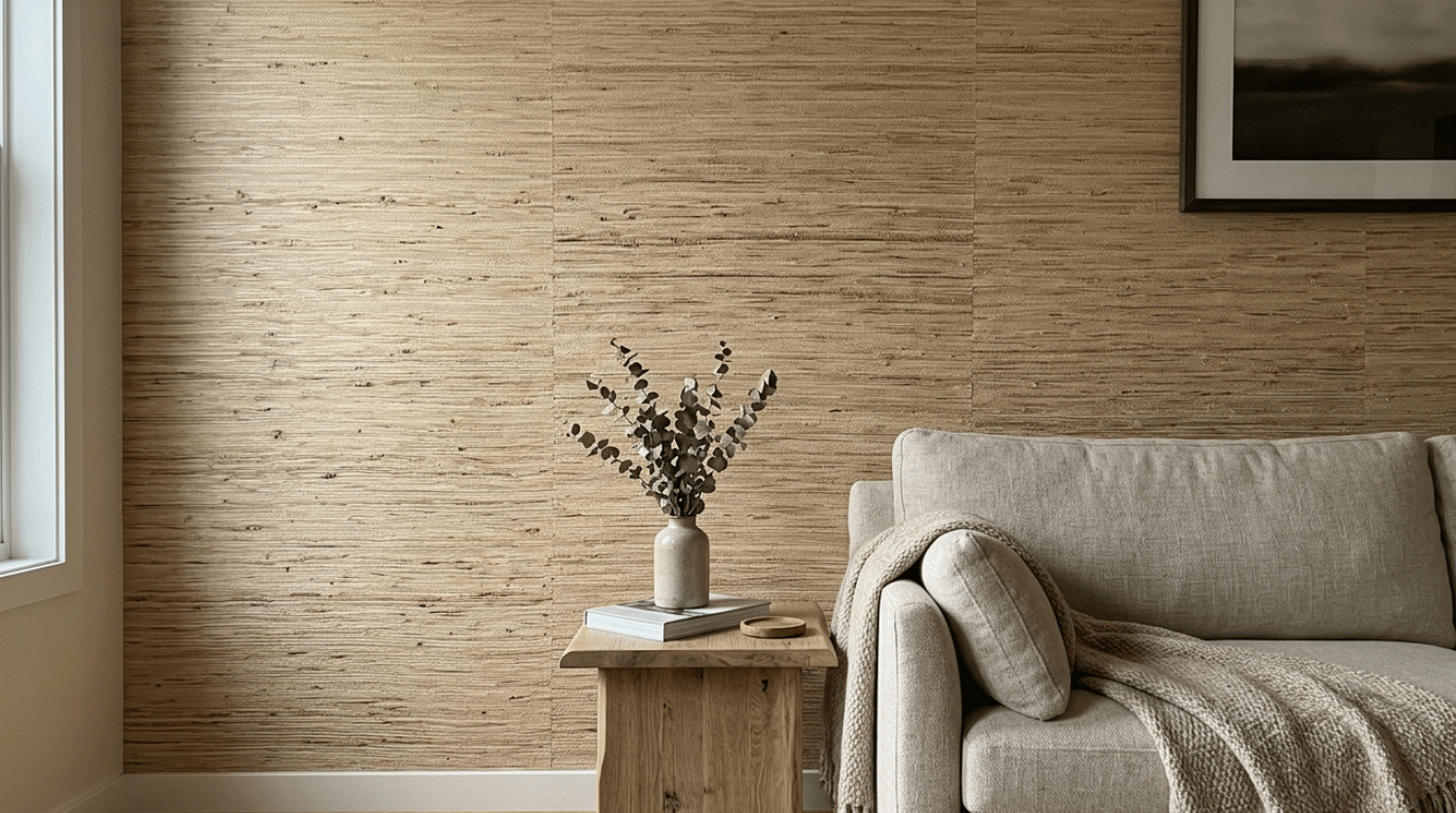 natural grasscloth wallpaper with visible woven fibers adding warm texture to a calm neutral living room wall