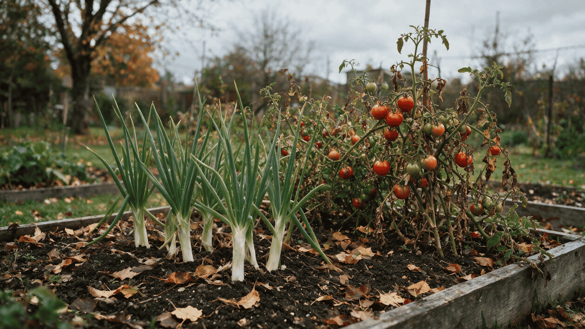 green onions growing beside tomato plants with ripening red fruit in a raised garden bed during fall