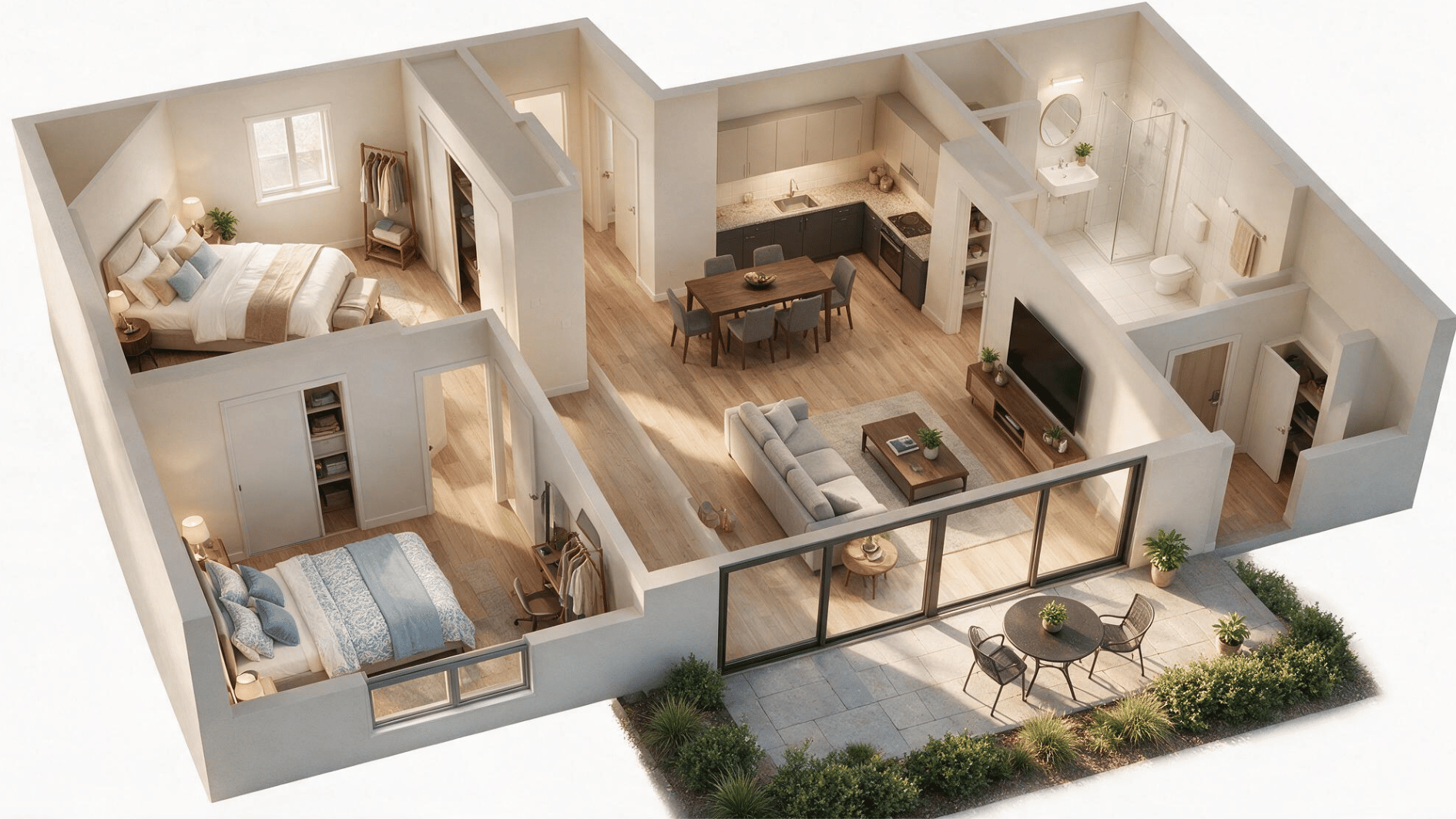 ground floor 2 bedroom apartment layout with furnished rooms and direct patio access from living area