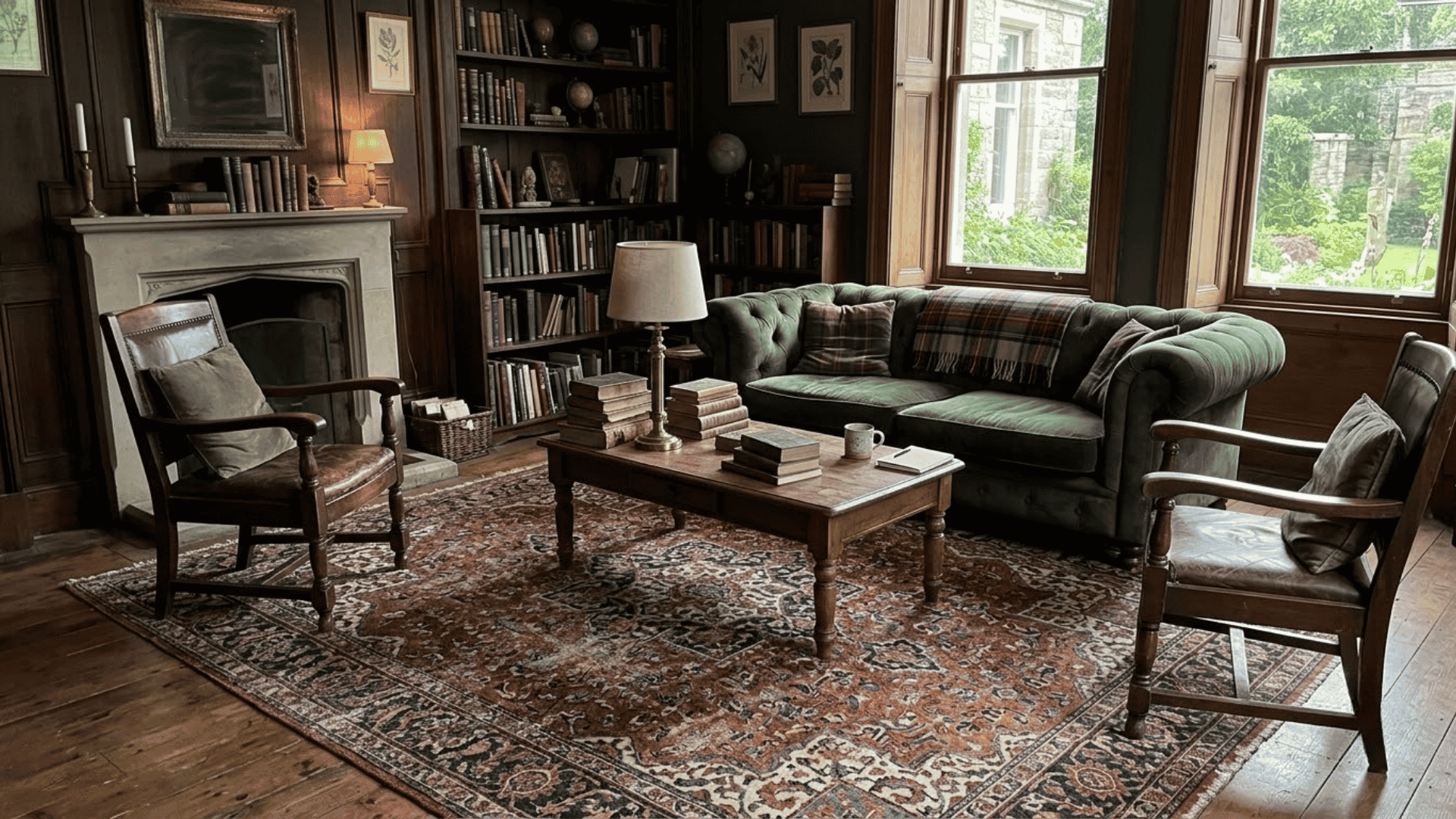 dark academia living room with green sofa wooden chairs and a large vintage patterned rug