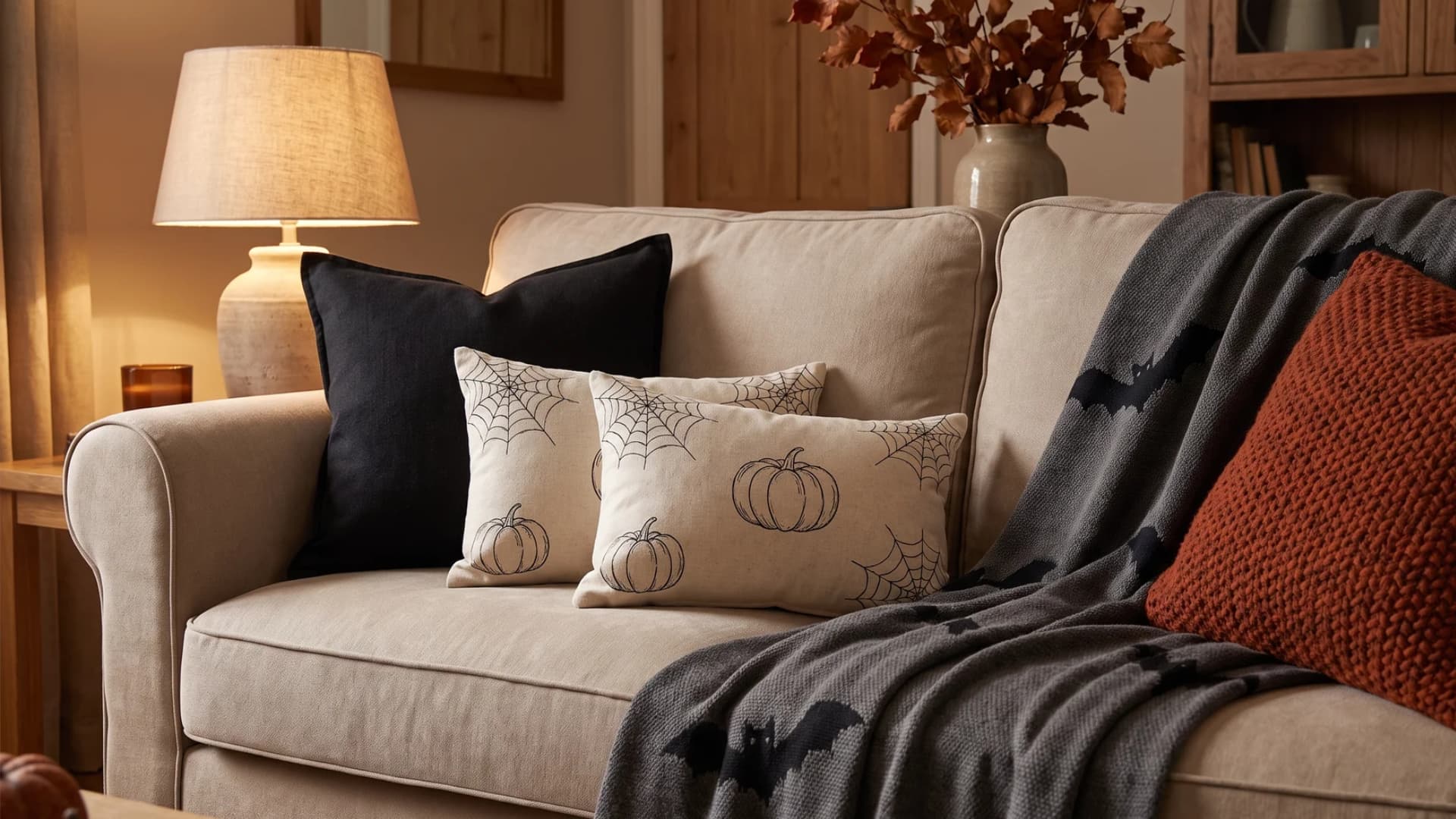 Sofa styled with bat and ghost patterned throw pillows alongside a black knit blanket.