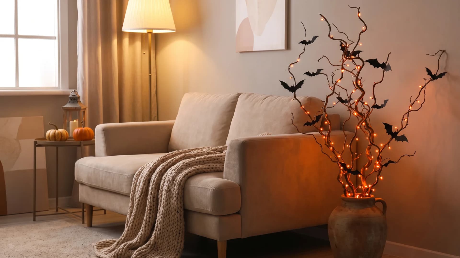 Alt text: Bare tabletop Halloween branch tree draped with mini orange lights and small paper bats.