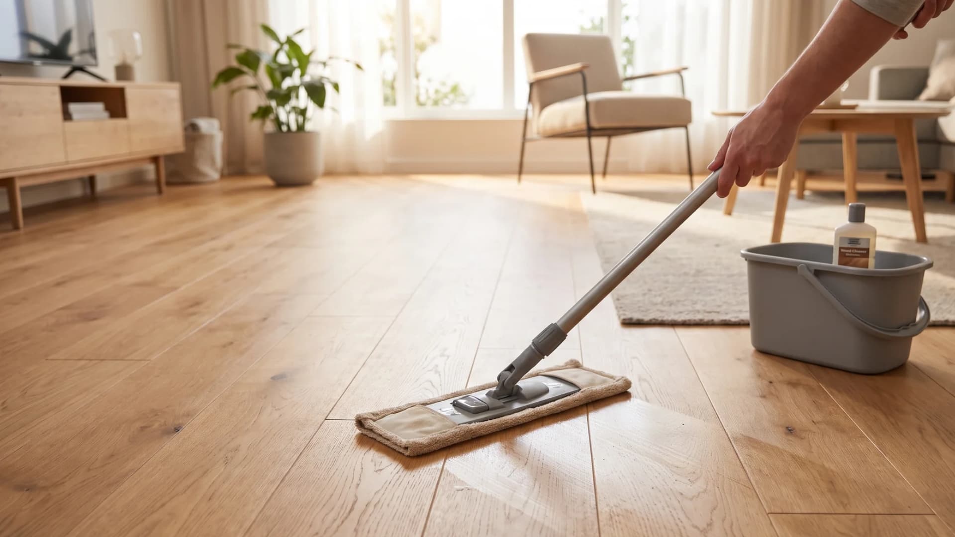 Close-up of a damp microfiber mop cleaning shiny hardwood floor planks.