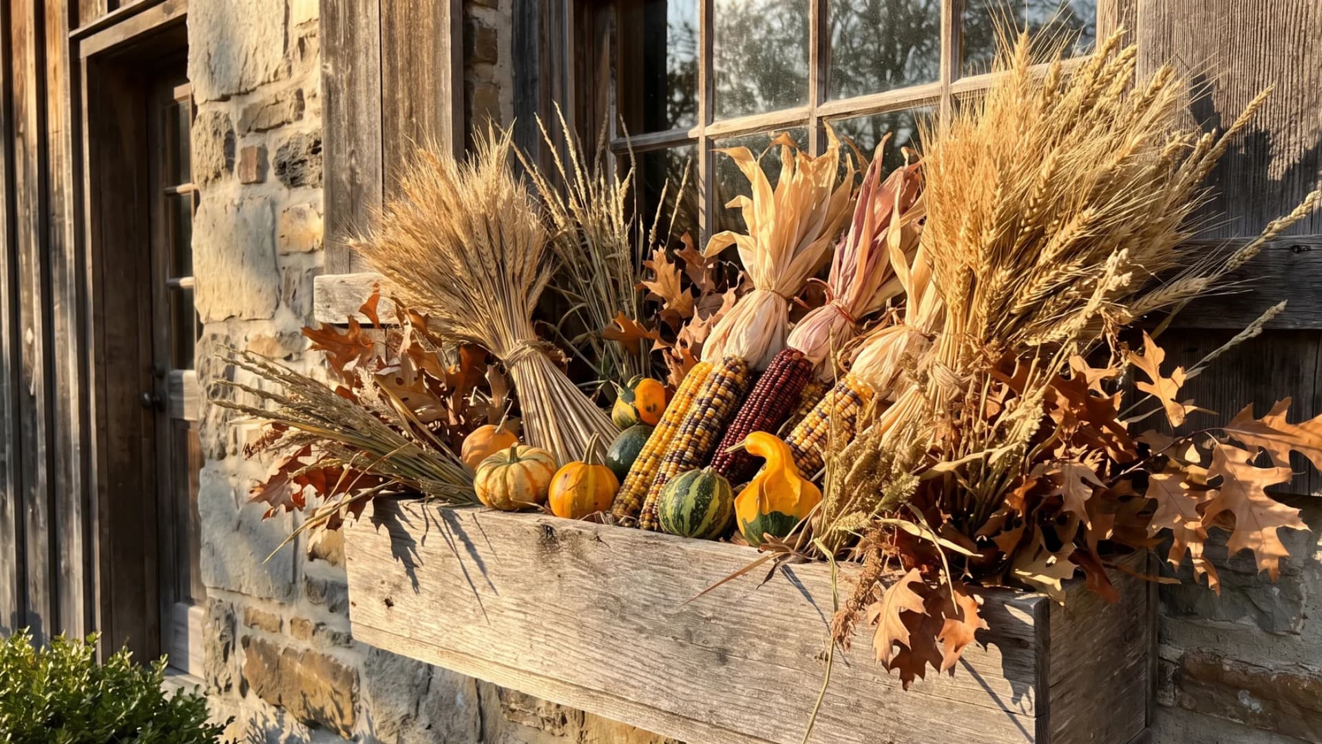 Decorative corn, wheat, and gourds arranged in a harvest-themed fall window box.