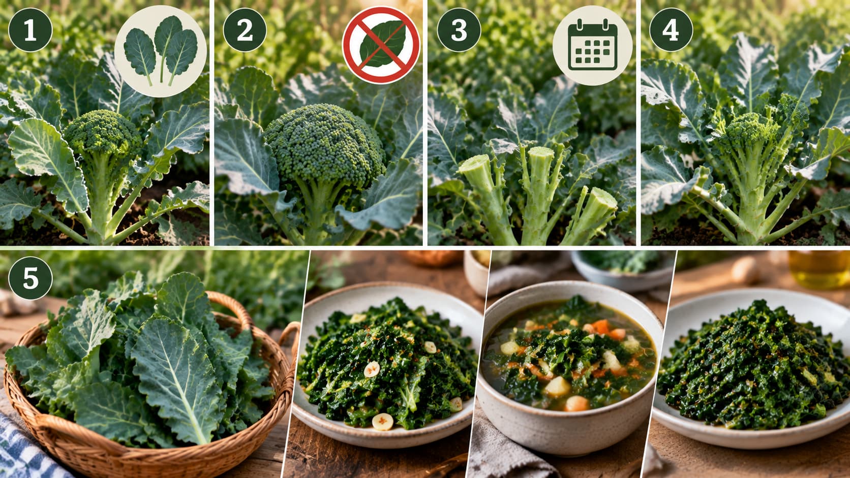 Step-by-step visual guide on harvesting, preparing, and cooking edible broccoli leaves.