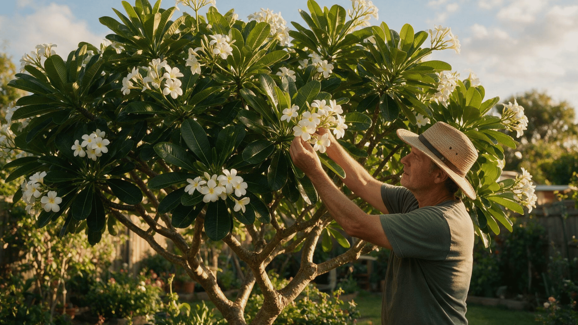 gardener examining flower clusters developing on healthy mature plumeria branch tips