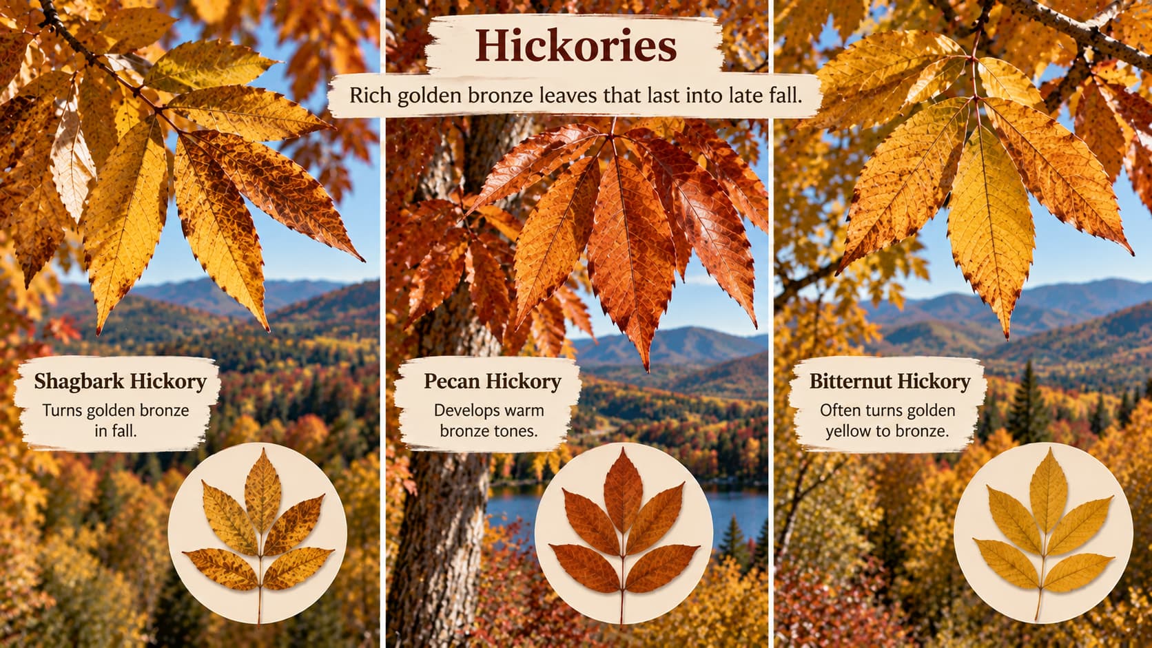 A three-panel infographic displaying golden-bronze Shagbark Hickory leaves, warm bronze Pecan Hickory leaves, and golden-yellow Bitternut Hickory leaves.