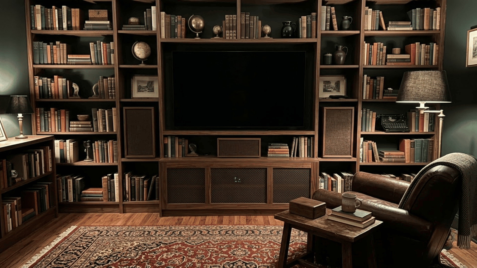 dark academia media room with television hidden among walnut shelves books and vintage decor